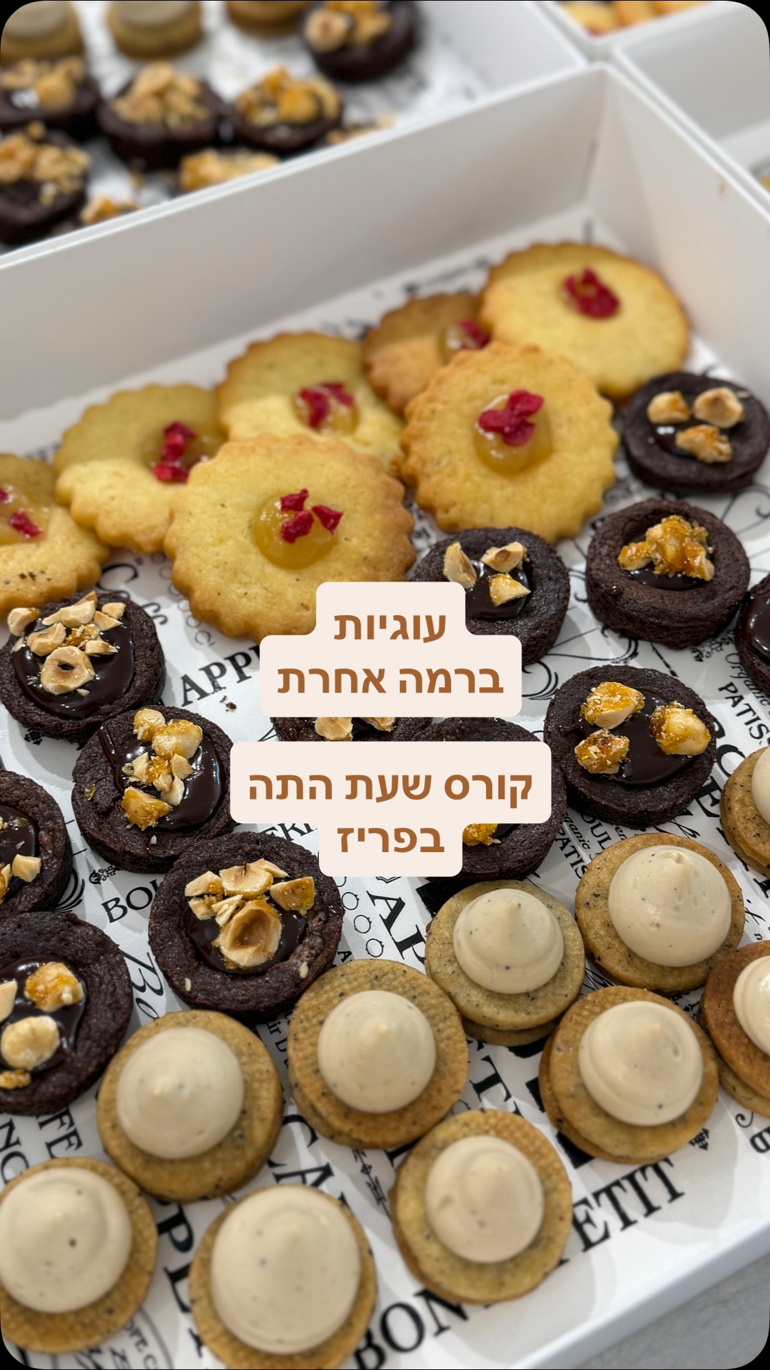מפגש פתיחה: קורס שעת התה בפריז. עוגיות ברמה אחרת. 🇫🇷✨
יש משהו באנרגיה של המפגש הראשון שאי אפשר להסביר במילים. ההתרגשות כשכל משתתפת מקבלת את תיק ההפתעות שהכנתי, שכולל סינר ממותג וחוברת מושקעת, כזו שמרכזת את כל תכני הקורס, התרשימים, הלב שלי, והמתכונים של חלק האונליין.
אבל אז הגיע הרגע האמיתי: העבודה.
ראיתי אתכן לומדות, שואלות, מדייקות, מרדדות ומרכיבות. מתמסרות לטקס שכולו כבוד לחומרי הגלם, ליצירה ולמסורת הצרפתית המפוארת של ה-Teatime. כי ברגע המדויק שבו הטכניקה פוגשת את התשוקה, נוצר הקסם.
בסיום המפגש, על השולחן המתינה לנו קולקציה שהיא התגלמות היצירתיות מצד אחד, ולמידת טכניקות בסיסיות בקונדיטוריות שחשוב ללמוד בכל קורס, מצד שני:
☕ סנדוויץ’ קפה: בצק פריך עם פולי קפה טחונים, גנאש שוקולד עשיר וזילוף של קרם דיפלומט קפה.
🍫 ברטון קקאו: עוגייה חמאתית עם שקע של קרמל שוקולד ולוז קצוץ גס לקראנץ’ מושלם.
🍋 לימון ופלפל Timut, עוגיית Signature: שילוב לימון ופלפל Timut ייחודי, גנאש פסיפלורה ושבבי פטל מיובש. עוגייה שהיא לחלוטין הרמה הבאה.

הקופסאות שלקחתן הביתה הן לא רק עוגיות. הן תוצאה של למידה, התנסות, והרבה חיוכים.
תודה לכל המשתתפות המדהימות של המחזור הזה. יצאנו לדרך!

אם תעצמו עיניים ותנחתו עכשיו בשעת תה בפריז, עם איזו עוגייה תפתחו את הטקס? ❤️

#קורסקונדיטוריה #ניצןקינוחיםוסדנאות #שעתהתהבפריז